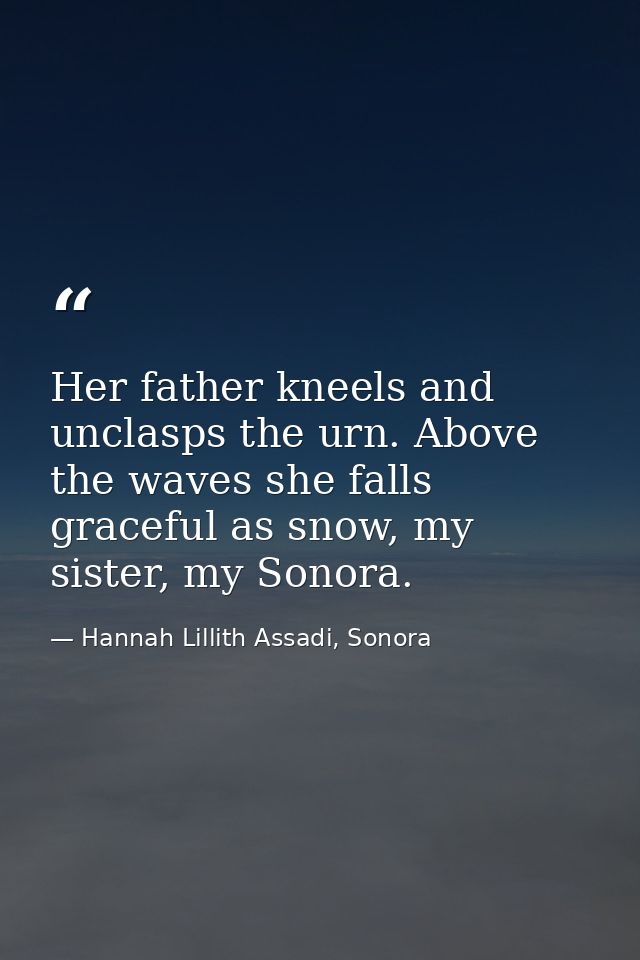 Her father kneels and unclasps the urn. Above the waves she falls graceful as snow, my sister, my Sonora. — Hannah Lillith Assadi, Sonora