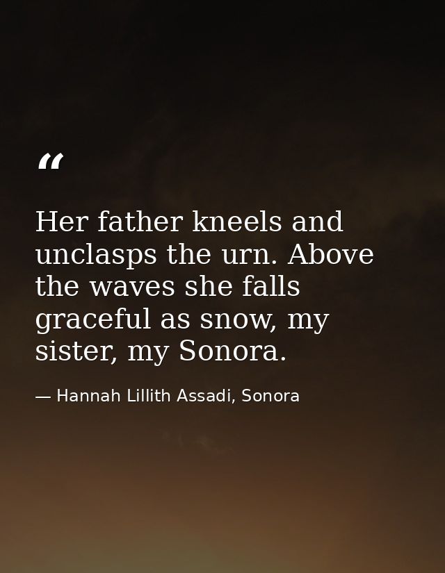Her father kneels and unclasps the urn. Above the waves she falls graceful as snow, my sister, my Sonora. — Hannah Lillith Assadi, Sonora