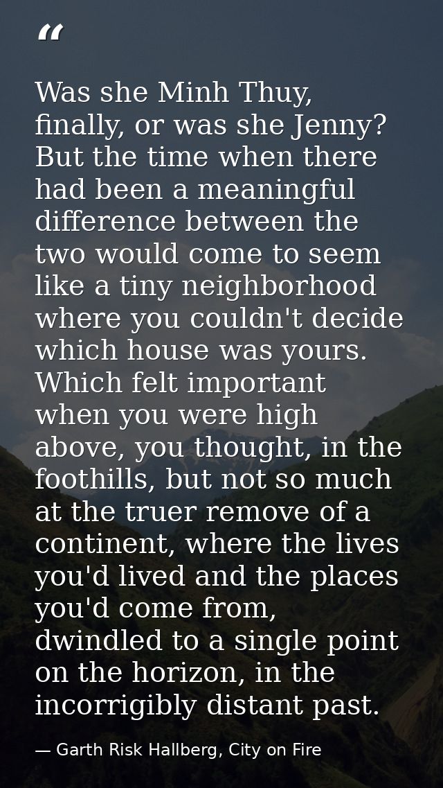Was she Minh Thuy, finally, or was she Jenny? But the time when there had been a meaningful difference between the two w — Garth Risk Hallberg, City on Fire