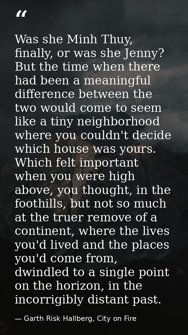 Was she Minh Thuy, finally, or was she Jenny? But the time when there had been a meaningful difference between the two w — Garth Risk Hallberg, City on Fire
