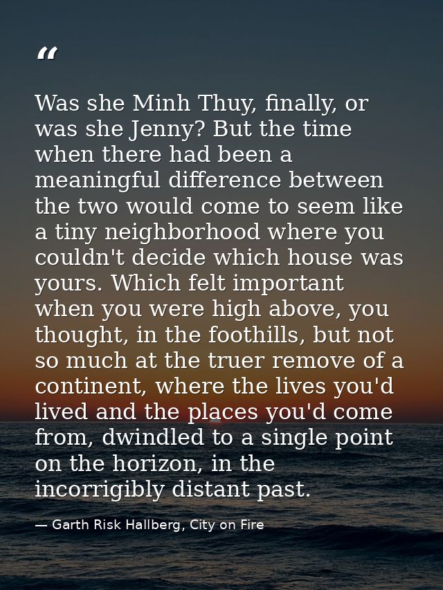 Was she Minh Thuy, finally, or was she Jenny? But the time when there had been a meaningful difference between the two w — Garth Risk Hallberg, City on Fire