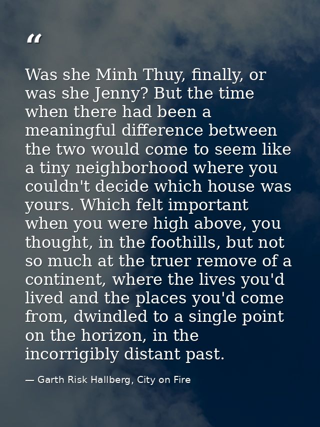 Was she Minh Thuy, finally, or was she Jenny? But the time when there had been a meaningful difference between the two w — Garth Risk Hallberg, City on Fire