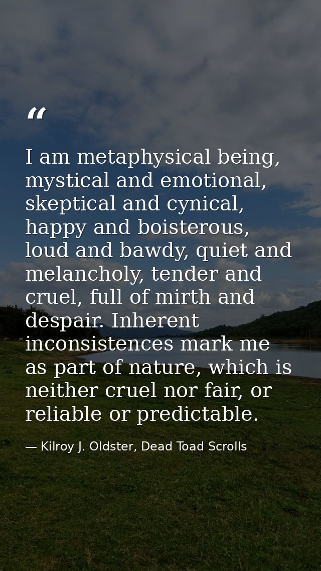 I am metaphysical being, mystical and emotional, skeptical and cynical, happy and boisterous, loud and bawdy, quiet and  — Kilroy J. Oldster, Dead Toad Scrolls
