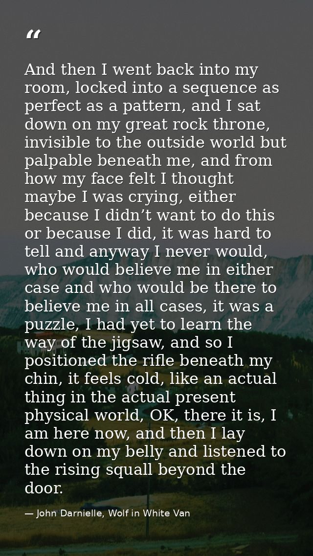And then I went back into my room, locked into a sequence as perfect as a pattern, and I sat down on my great rock thron — John Darnielle, Wolf in White Van