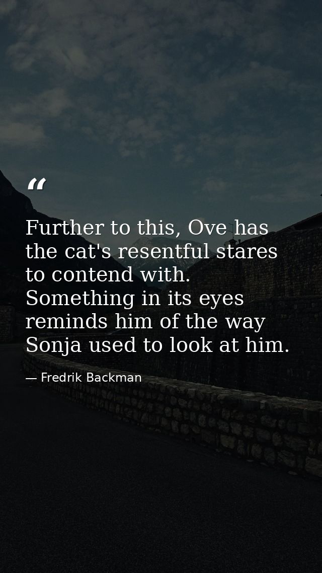 Further to this, Ove has the cat's resentful stares to contend with. Something in its eyes reminds him of the way Sonja  — Fredrik Backman