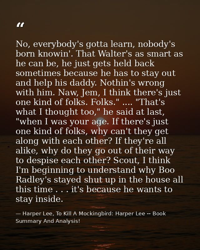 No, everybody's gotta learn, nobody's born knowin'. That Walter's as smart as he can be, he just gets held back sometime — Harper Lee, To Kill A Mockingbird: Harper Lee -- Book Summary And Analysis!