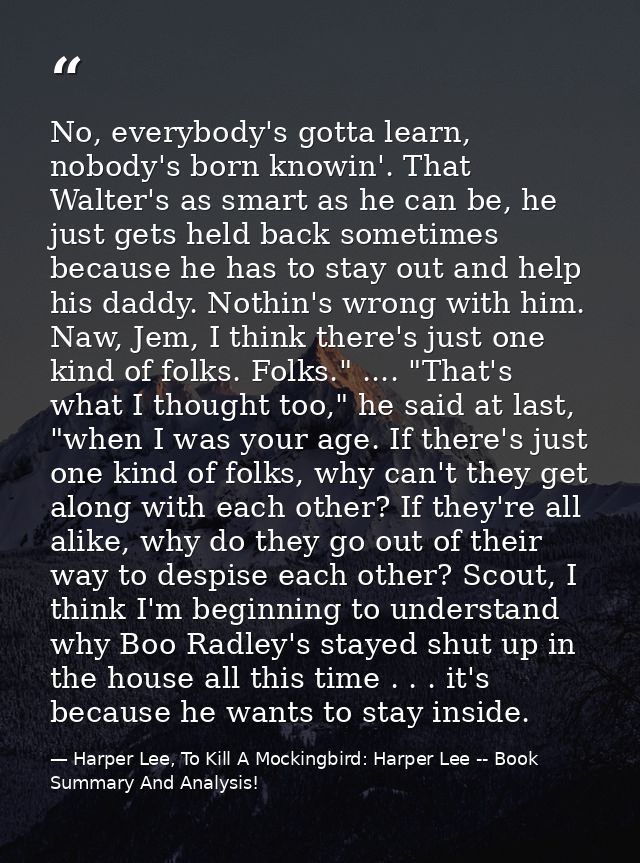 No, everybody's gotta learn, nobody's born knowin'. That Walter's as smart as he can be, he just gets held back sometime — Harper Lee, To Kill A Mockingbird: Harper Lee -- Book Summary And Analysis!