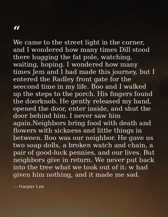 We came to the street light in the corner, and I wondered how many times Dill stood there hugging the fat pole, watching — Harper Lee