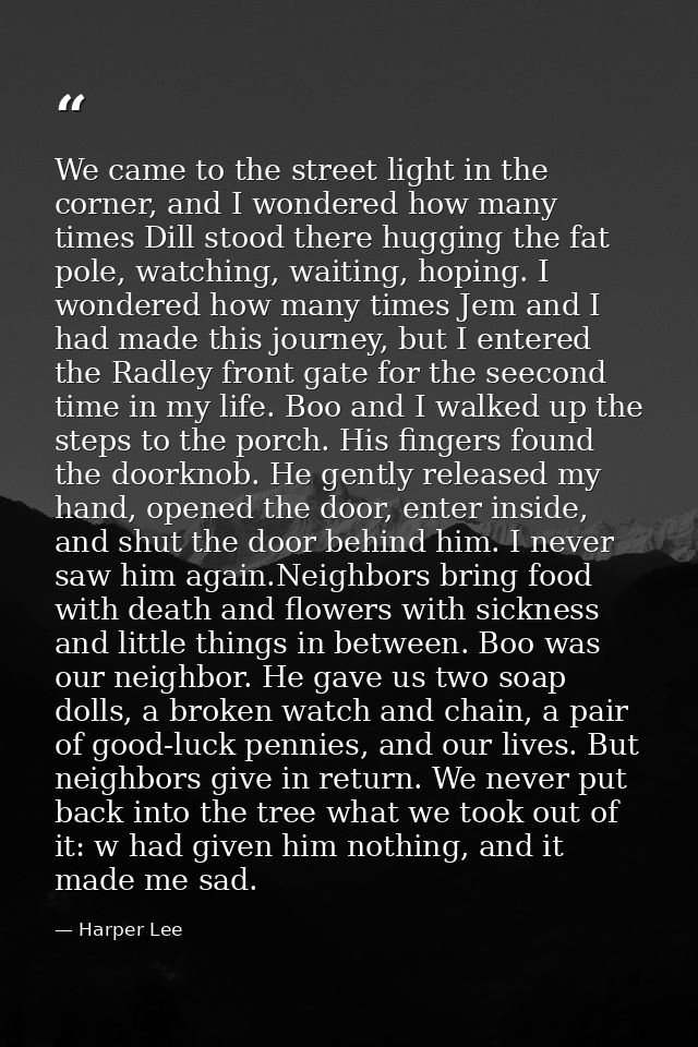 We came to the street light in the corner, and I wondered how many times Dill stood there hugging the fat pole, watching — Harper Lee