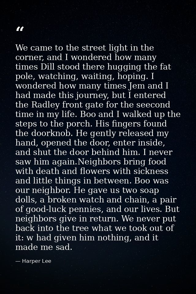 We came to the street light in the corner, and I wondered how many times Dill stood there hugging the fat pole, watching — Harper Lee