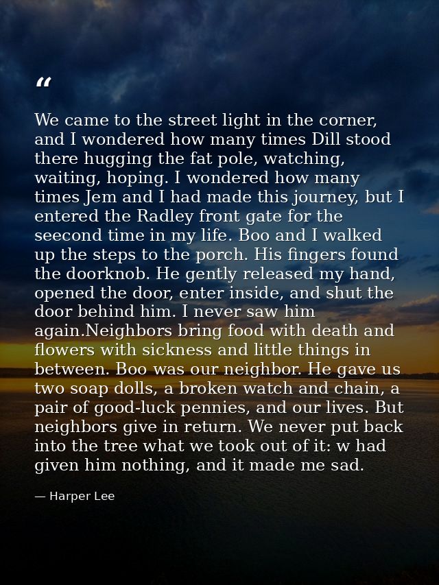 We came to the street light in the corner, and I wondered how many times Dill stood there hugging the fat pole, watching — Harper Lee