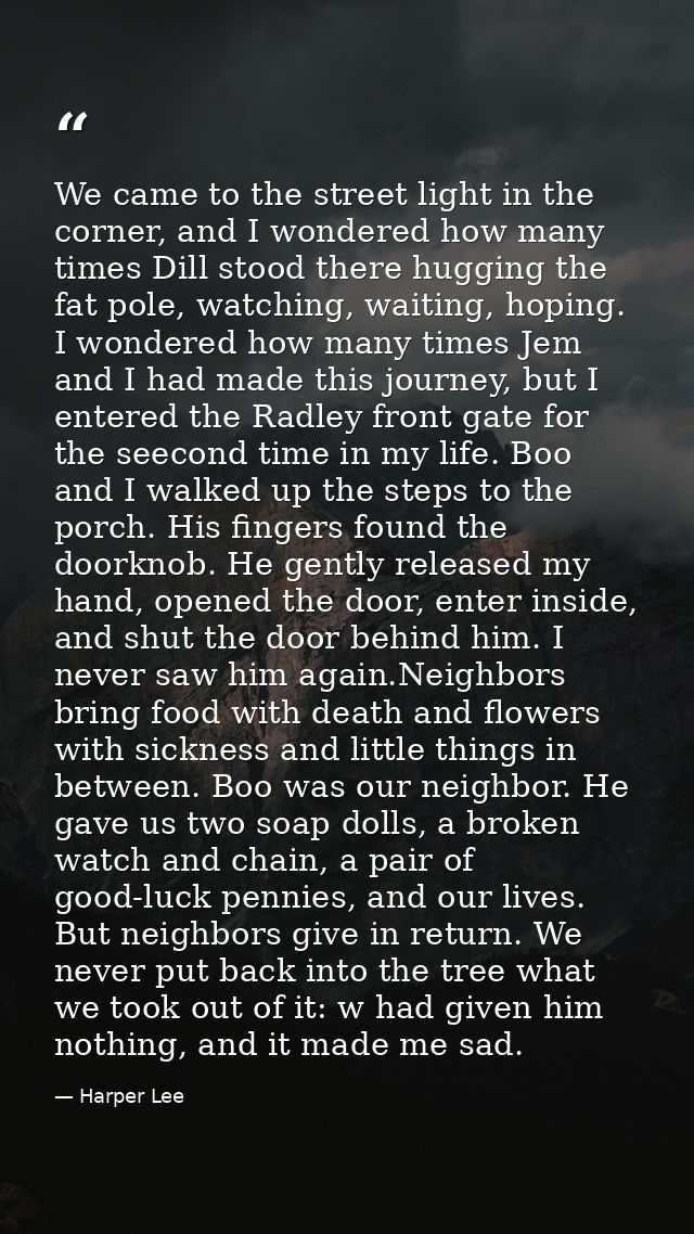 We came to the street light in the corner, and I wondered how many times Dill stood there hugging the fat pole, watching — Harper Lee