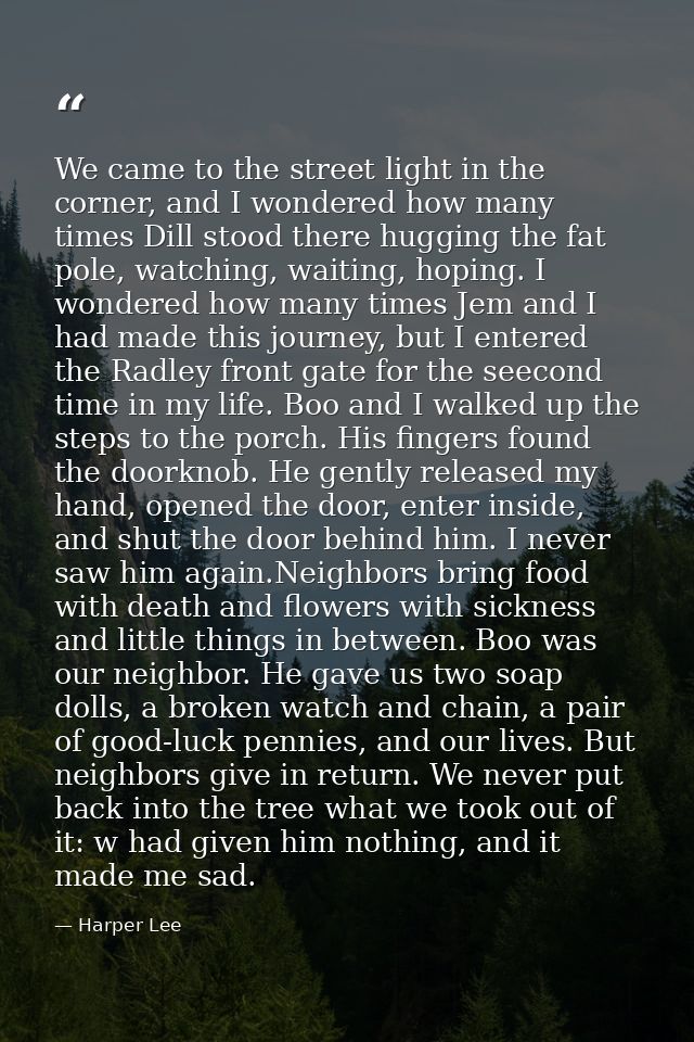 We came to the street light in the corner, and I wondered how many times Dill stood there hugging the fat pole, watching — Harper Lee