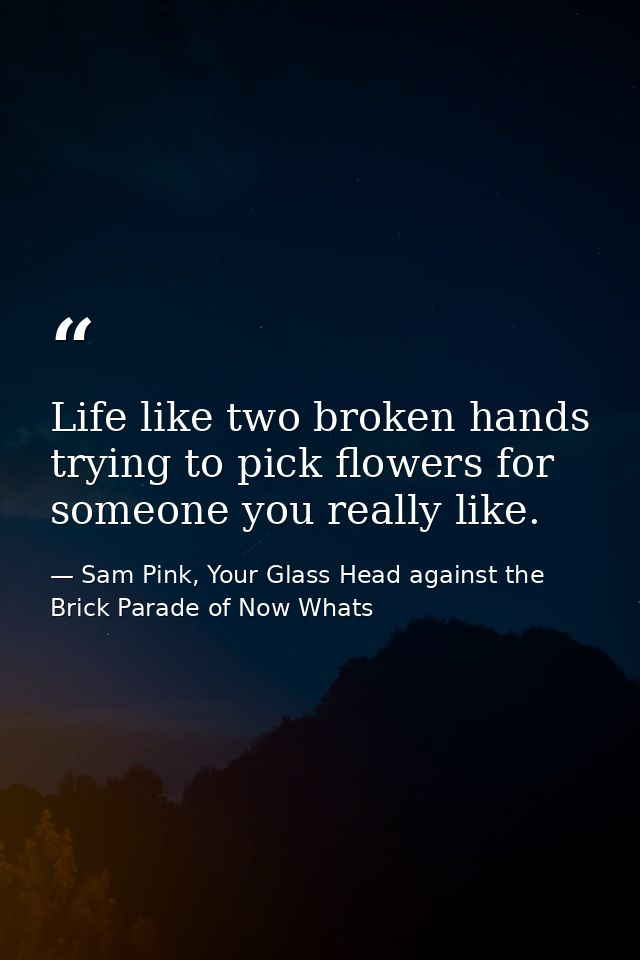 Life like two broken hands trying to pick flowers for someone you really like. — Sam Pink, Your Glass Head against the Brick Parade of Now Whats