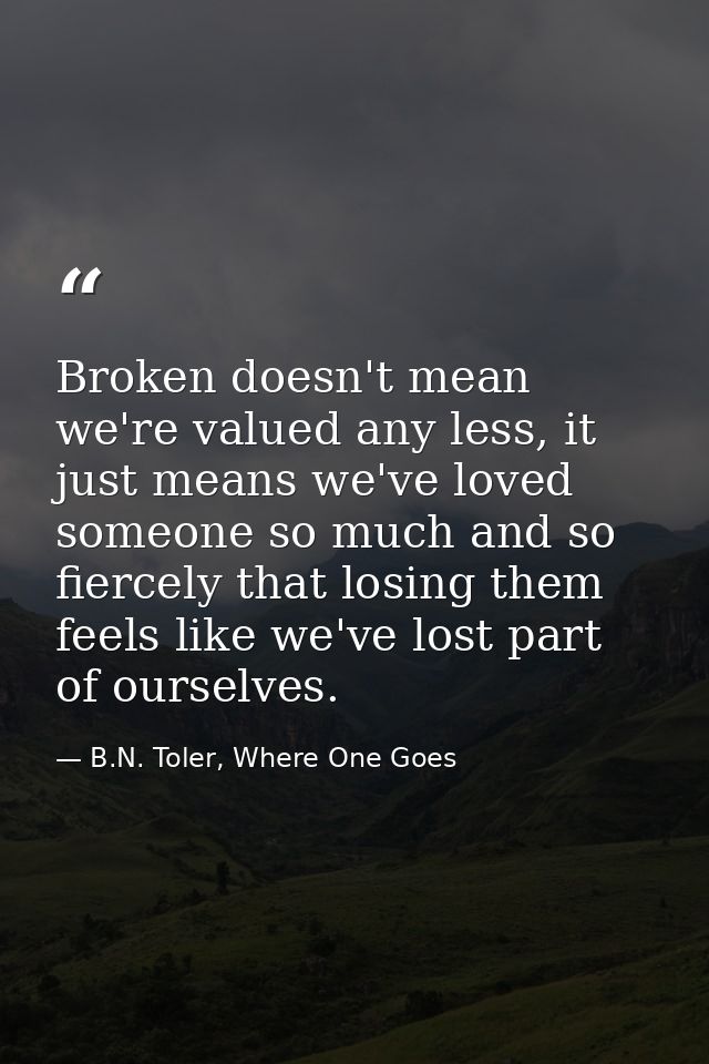Broken doesn't mean we're valued any less, it just means we've loved someone so much and so fiercely that losing them fe — B.N. Toler, Where One Goes
