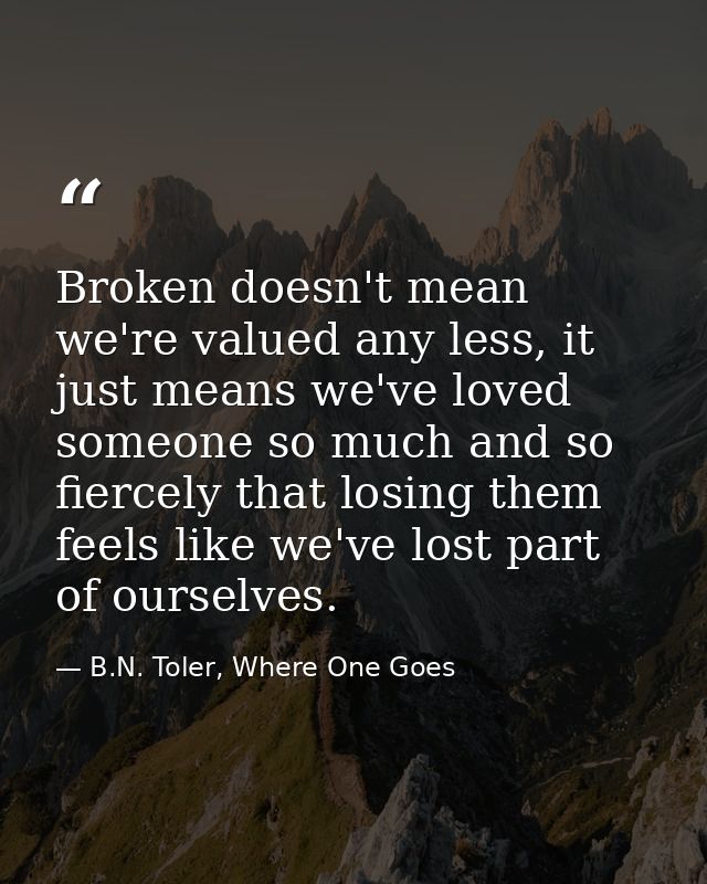 Broken doesn't mean we're valued any less, it just means we've loved someone so much and so fiercely that losing them fe — B.N. Toler, Where One Goes