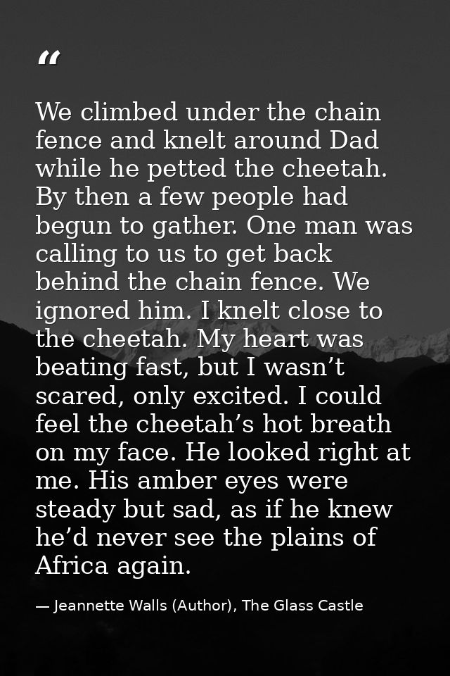 We climbed under the chain fence and knelt around Dad while he petted the cheetah. By then a few people had begun to gat — Jeannette Walls (Author), The Glass Castle