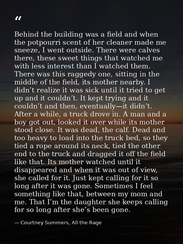 Behind the building was a field and when the potpourri scent of her cleaner made me sneeze, I went outside. There were c — Courtney Summers, All the Rage