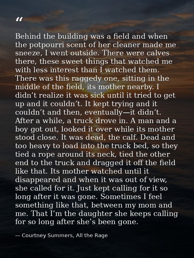 Behind the building was a field and when the potpourri scent of her cleaner made me sneeze, I went outside. There were c — Courtney Summers, All the Rage