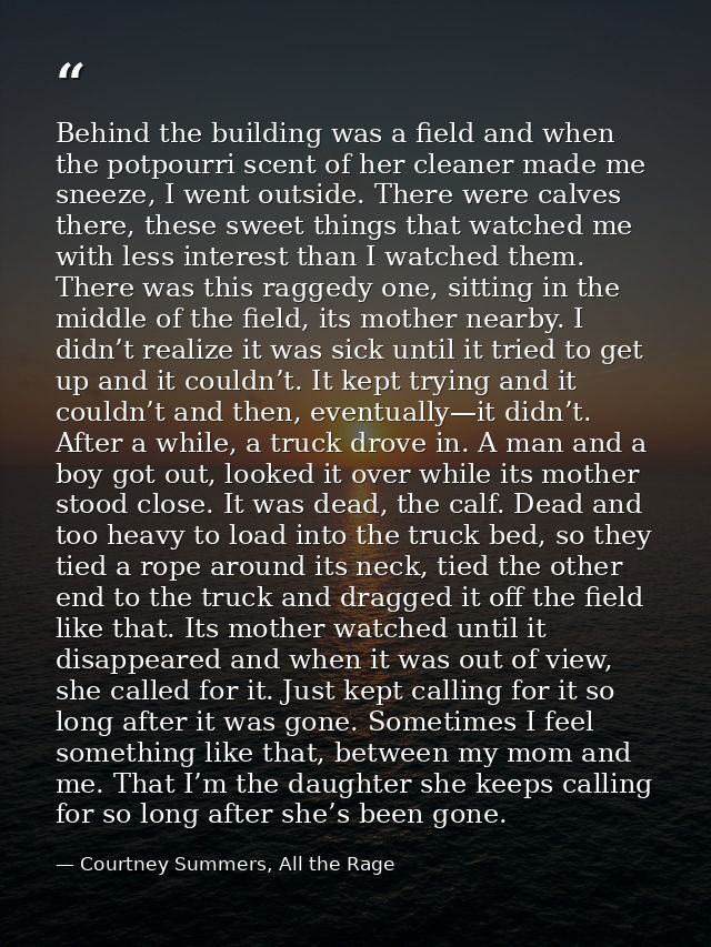 Behind the building was a field and when the potpourri scent of her cleaner made me sneeze, I went outside. There were c — Courtney Summers, All the Rage