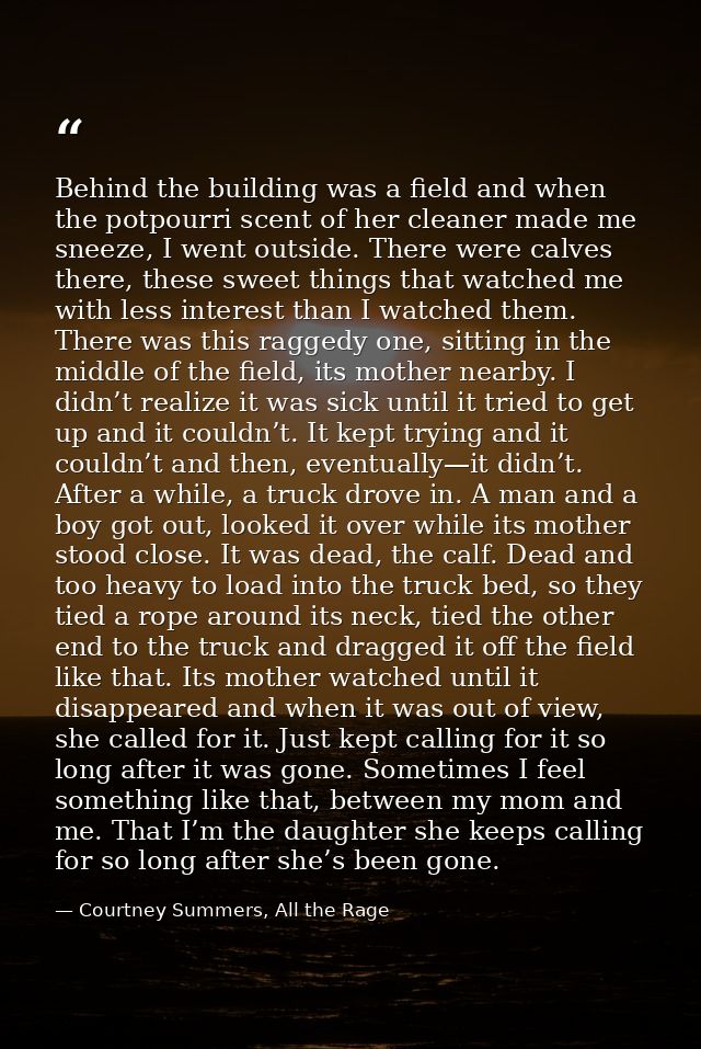 Behind the building was a field and when the potpourri scent of her cleaner made me sneeze, I went outside. There were c — Courtney Summers, All the Rage