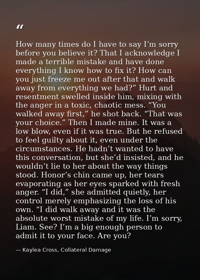 How many times do I have to say I’m sorry before you believe it? That I acknowledge I made a terrible mistake and have d — Kaylea Cross, Collateral Damage