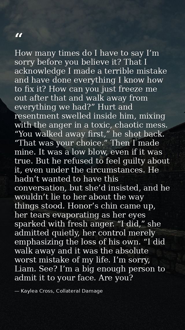 How many times do I have to say I’m sorry before you believe it? That I acknowledge I made a terrible mistake and have d — Kaylea Cross, Collateral Damage