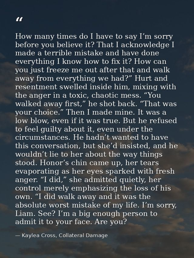How many times do I have to say I’m sorry before you believe it? That I acknowledge I made a terrible mistake and have d — Kaylea Cross, Collateral Damage