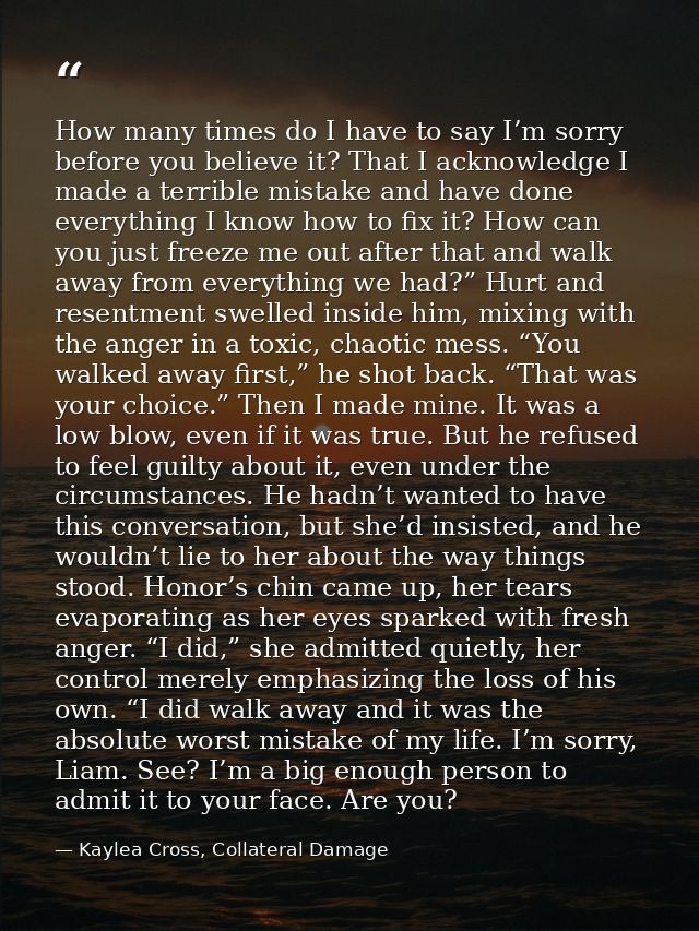 How many times do I have to say I’m sorry before you believe it? That I acknowledge I made a terrible mistake and have d — Kaylea Cross, Collateral Damage