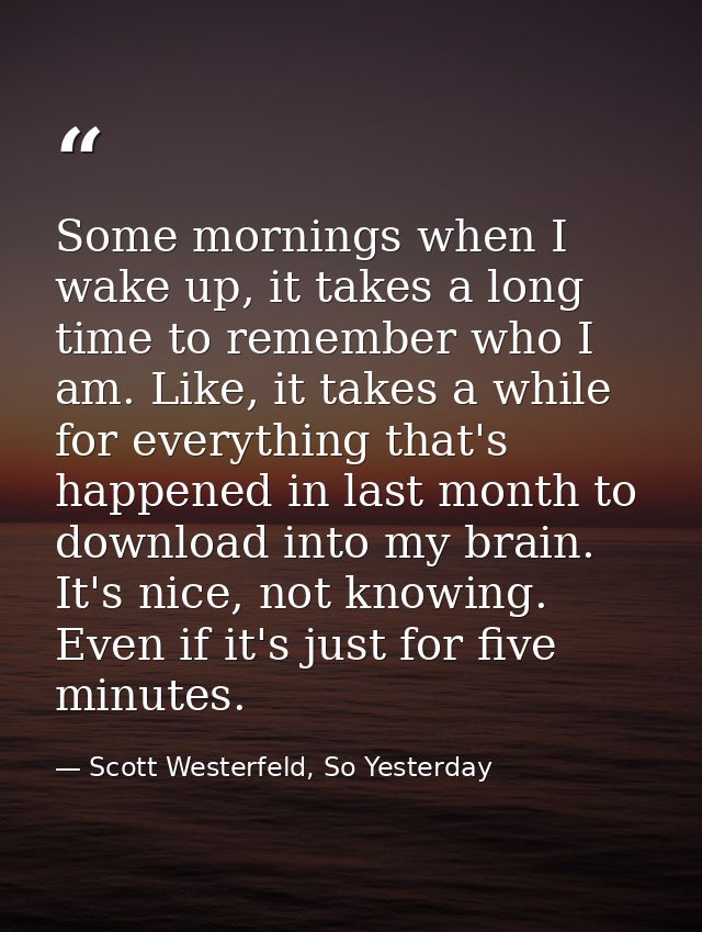 Some mornings when I wake up, it takes a long time to remember who I am. Like, it takes a while for everything that's ha — Scott Westerfeld, So Yesterday