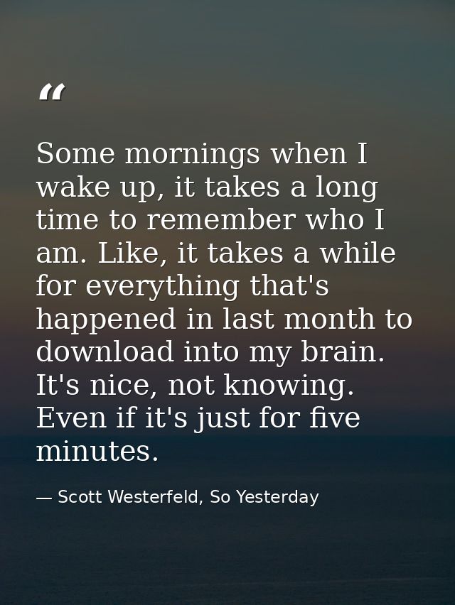 Some mornings when I wake up, it takes a long time to remember who I am. Like, it takes a while for everything that's ha — Scott Westerfeld, So Yesterday