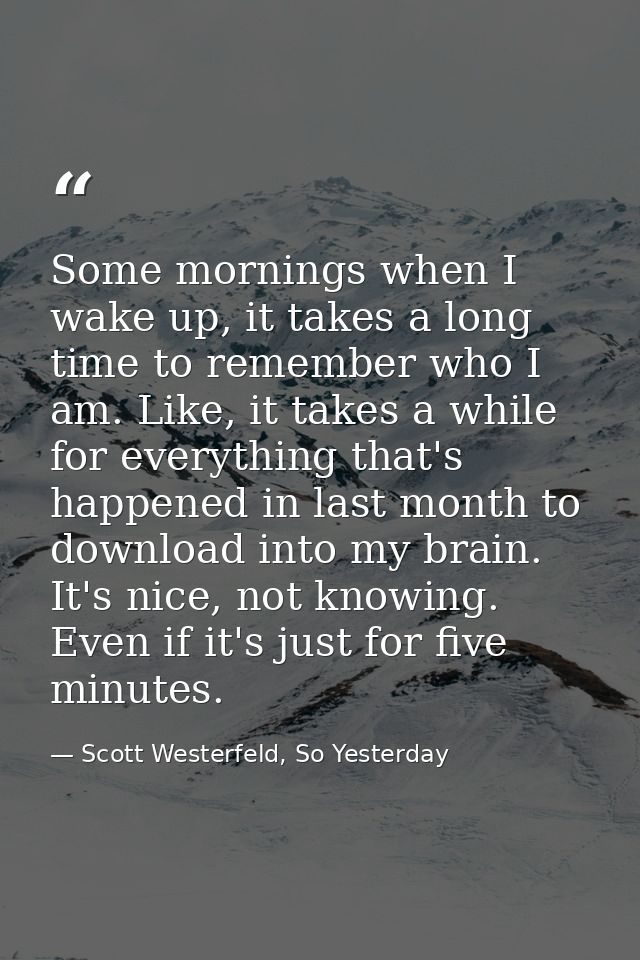 Some mornings when I wake up, it takes a long time to remember who I am. Like, it takes a while for everything that's ha — Scott Westerfeld, So Yesterday