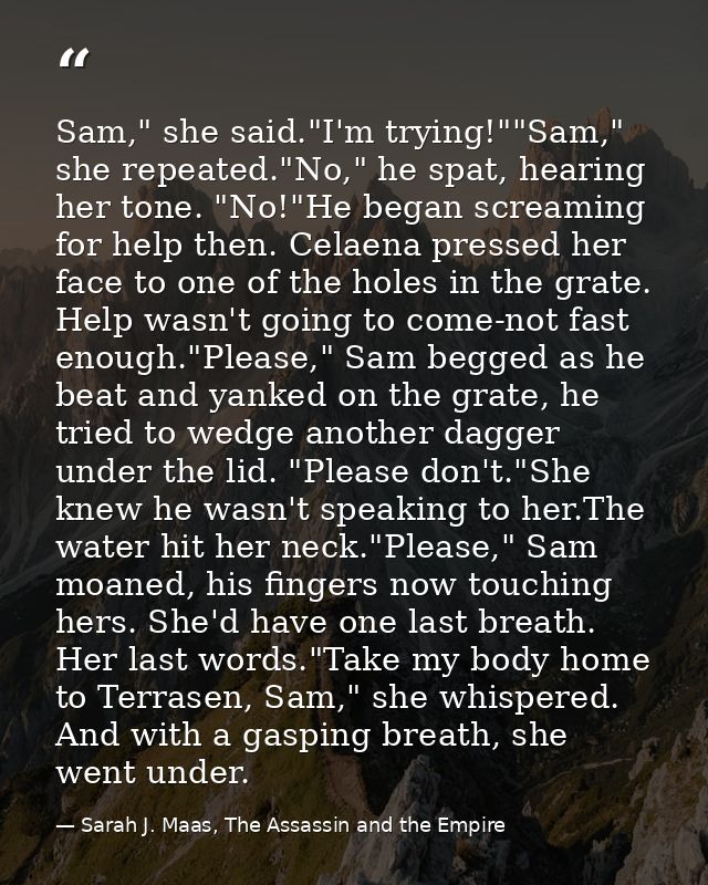 Sam," she said."I'm trying!""Sam," she repeated."No," he spat, hearing her tone. "No!"He began screaming for help then.  — Sarah J. Maas, The Assassin and the Empire