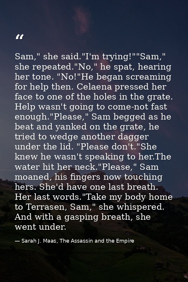 Sam," she said."I'm trying!""Sam," she repeated."No," he spat, hearing her tone. "No!"He began screaming for help then.  — Sarah J. Maas, The Assassin and the Empire