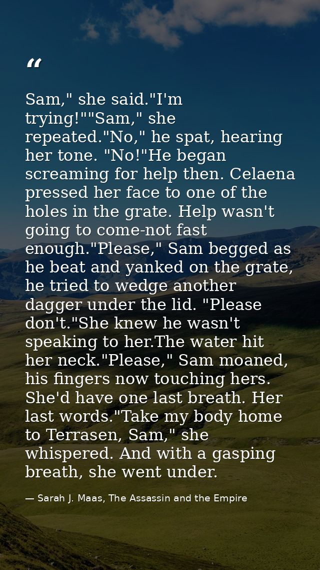 Sam," she said."I'm trying!""Sam," she repeated."No," he spat, hearing her tone. "No!"He began screaming for help then.  — Sarah J. Maas, The Assassin and the Empire