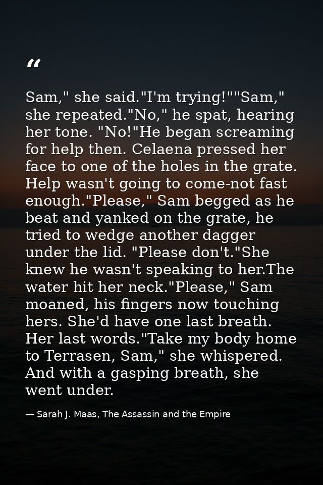 Sam," she said."I'm trying!""Sam," she repeated."No," he spat, hearing her tone. "No!"He began screaming for help then.  — Sarah J. Maas, The Assassin and the Empire