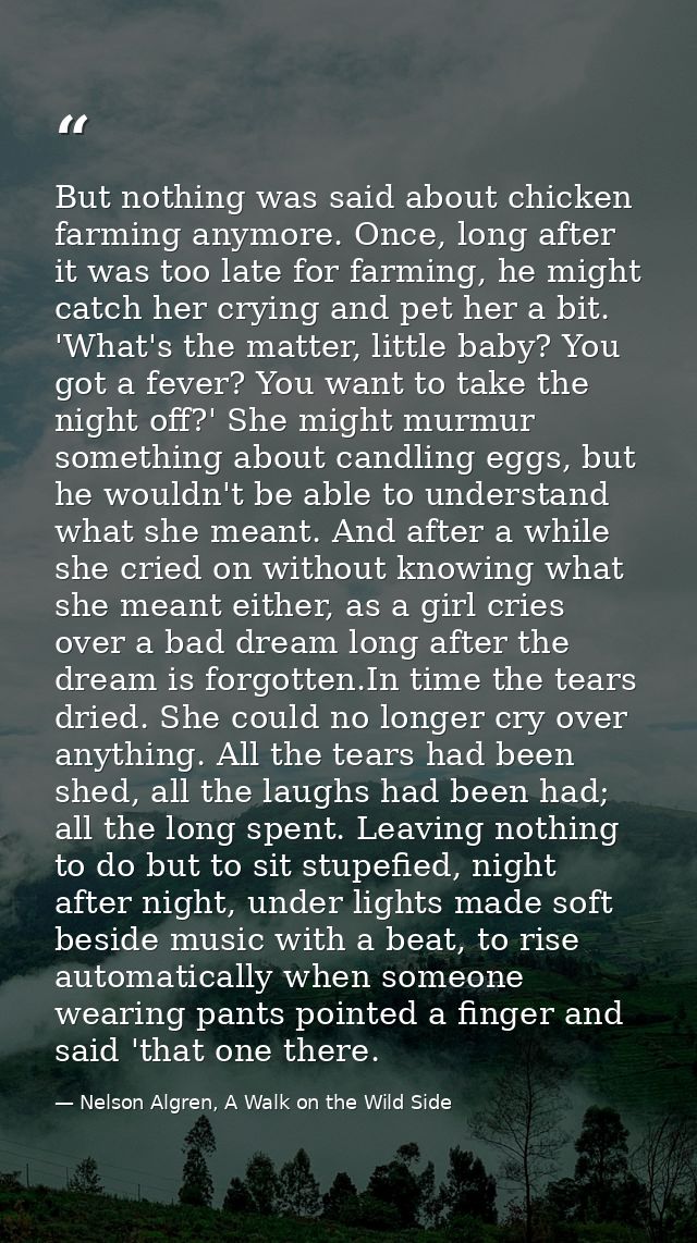 But nothing was said about chicken farming anymore. Once, long after it was too late for farming, he might catch her cry — Nelson Algren, A Walk on the Wild Side