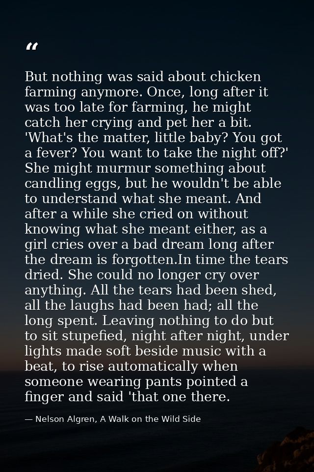 But nothing was said about chicken farming anymore. Once, long after it was too late for farming, he might catch her cry — Nelson Algren, A Walk on the Wild Side