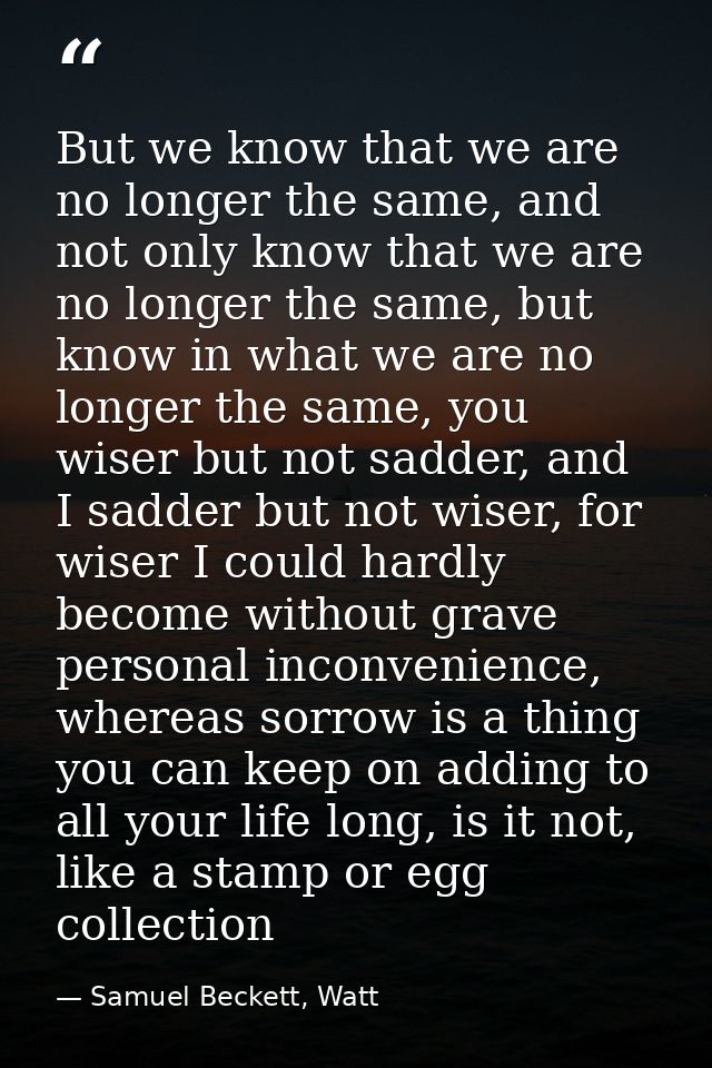 But we know that we are no longer the same, and not only know that we are no longer the same, but know in what we are no — Samuel Beckett, Watt