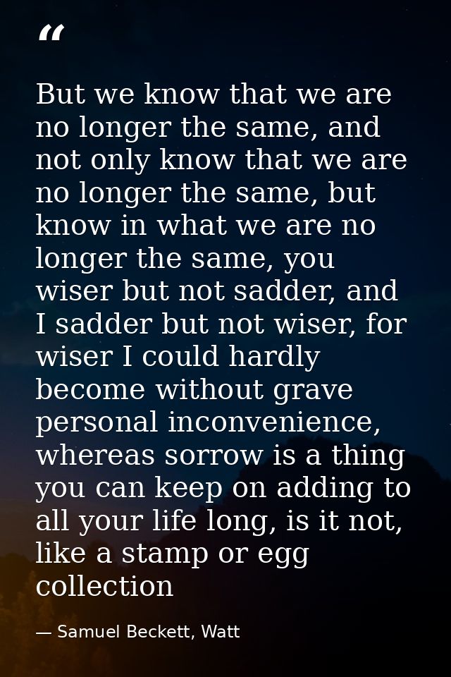 But we know that we are no longer the same, and not only know that we are no longer the same, but know in what we are no — Samuel Beckett, Watt