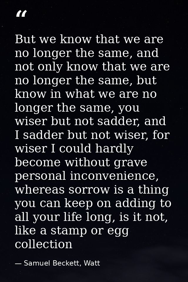 But we know that we are no longer the same, and not only know that we are no longer the same, but know in what we are no — Samuel Beckett, Watt