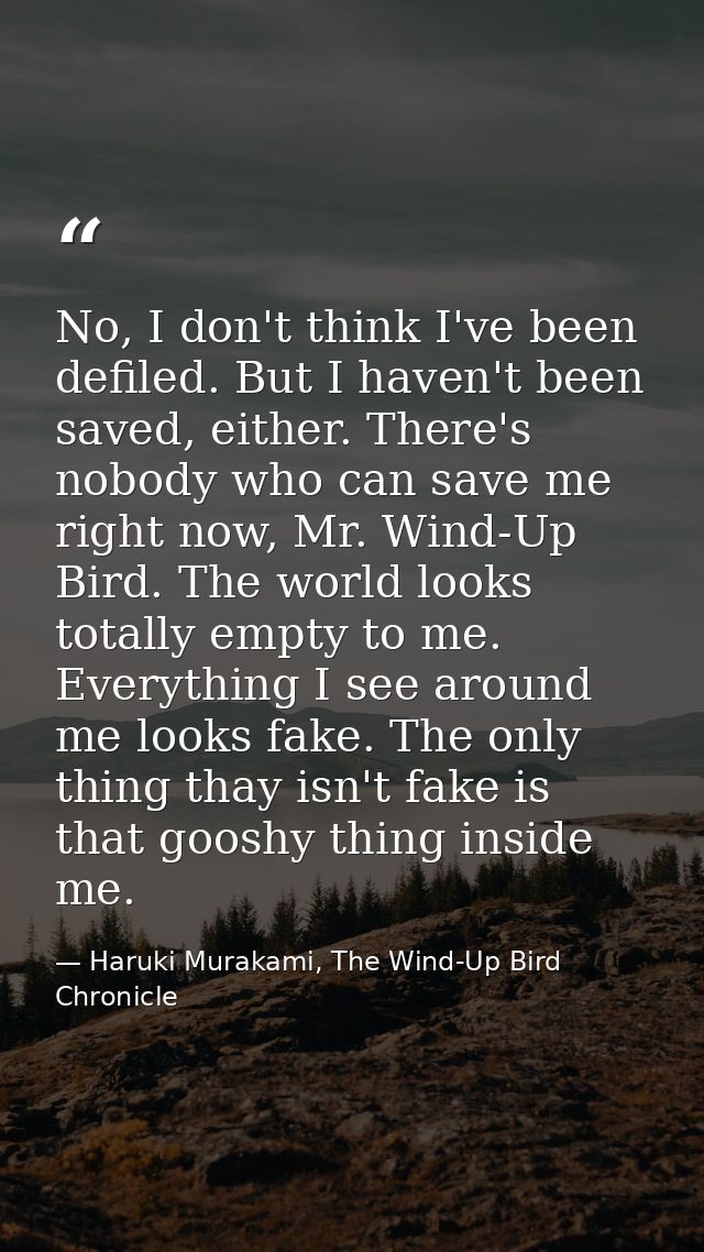 No, I don't think I've been defiled. But I haven't been saved, either. There's nobody who can save me right now, Mr. Win — Haruki Murakami, The Wind-Up Bird Chronicle