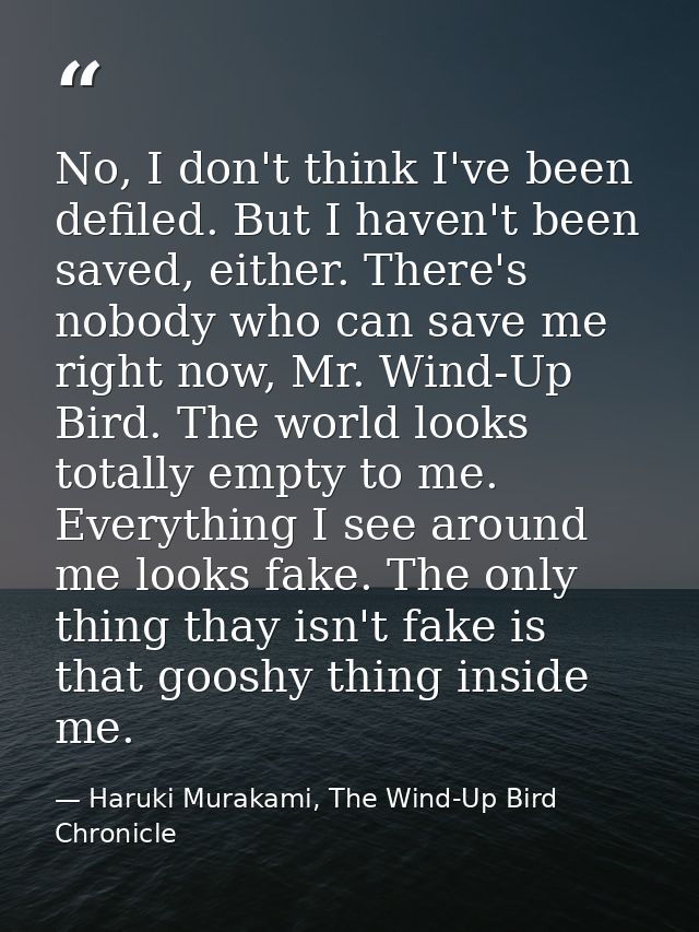 No, I don't think I've been defiled. But I haven't been saved, either. There's nobody who can save me right now, Mr. Win — Haruki Murakami, The Wind-Up Bird Chronicle
