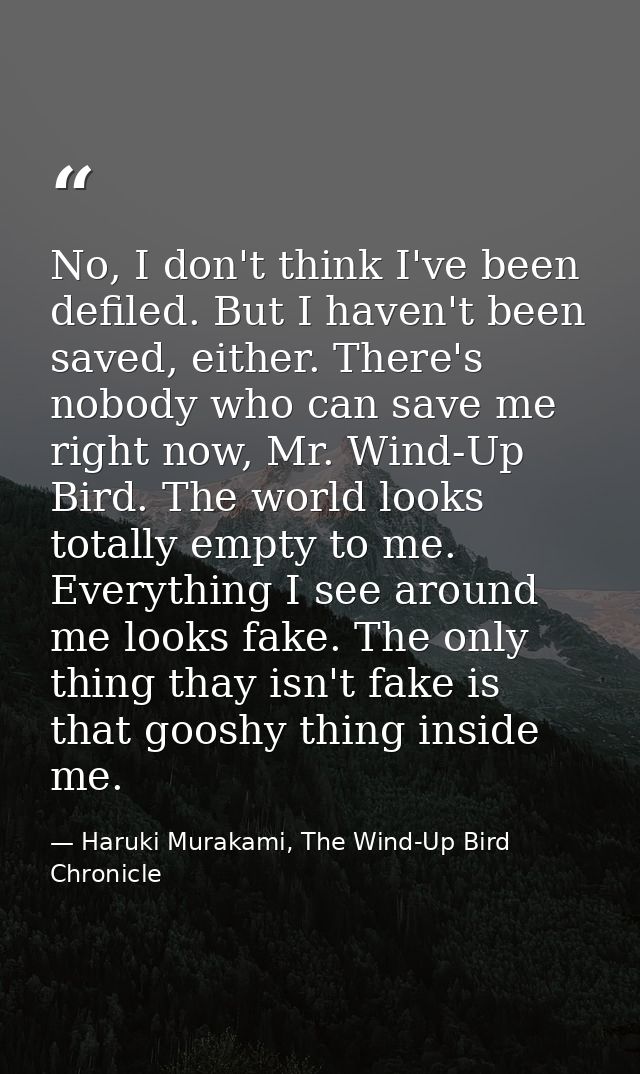 No, I don't think I've been defiled. But I haven't been saved, either. There's nobody who can save me right now, Mr. Win — Haruki Murakami, The Wind-Up Bird Chronicle