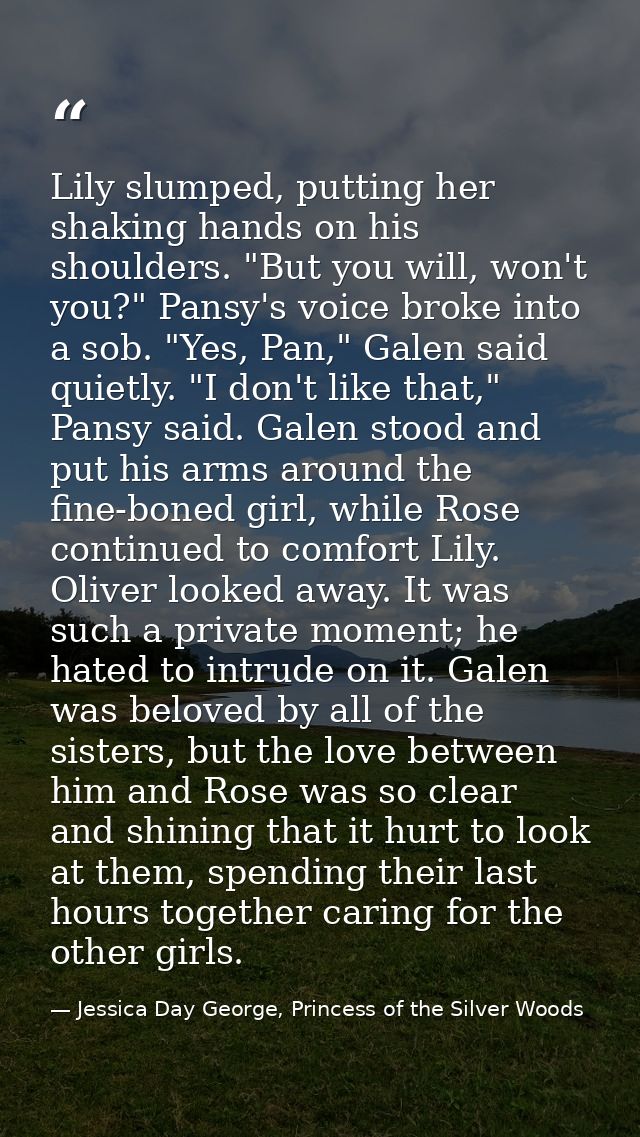Lily slumped, putting her shaking hands on his shoulders. "But you will, won't you?" Pansy's voice broke into a sob. "Ye — Jessica Day George, Princess of the Silver Woods