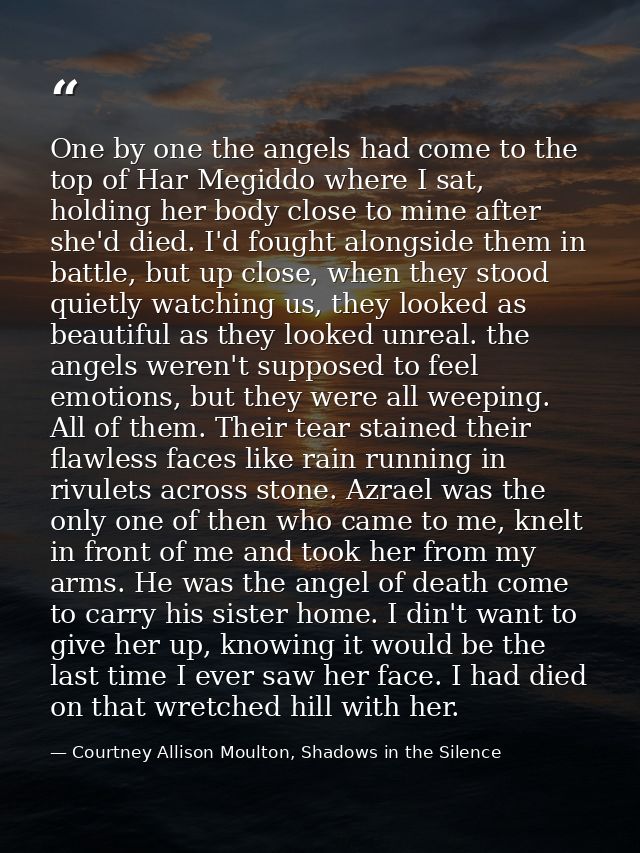 One by one the angels had come to the top of Har Megiddo where I sat, holding her body close to mine after she'd died. I — Courtney Allison Moulton, Shadows in the Silence