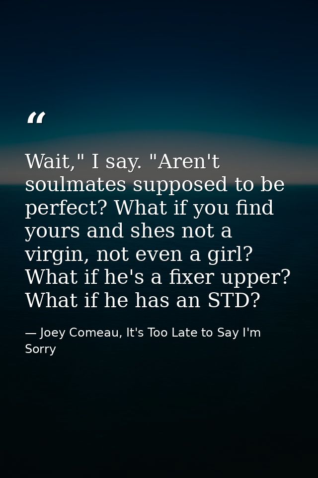 Wait," I say. "Aren't soulmates supposed to be perfect? What if you find yours and shes not a virgin, not even a girl? W — Joey Comeau, It's Too Late to Say I'm Sorry