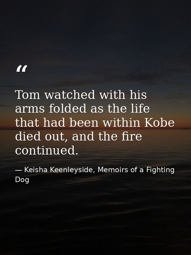 Tom watched with his arms folded as the life that had been within Kobe died out, and the fire continued. — Keisha Keenleyside, Memoirs of a Fighting Dog