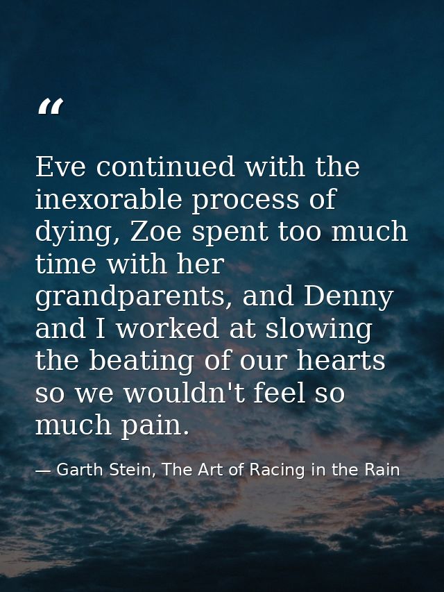 Eve continued with the inexorable process of dying, Zoe spent too much time with her grandparents, and Denny and I worke — Garth Stein, The Art of Racing in the Rain