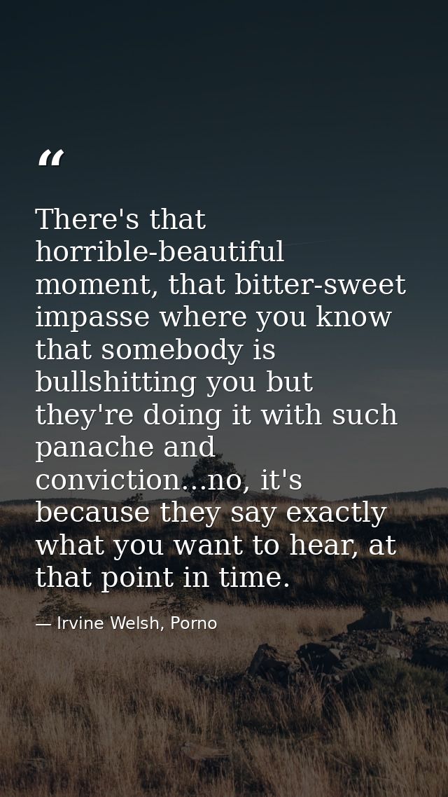 There's that horrible-beautiful moment, that bitter-sweet impasse where you know that somebody is bullshitting you but t — Irvine Welsh, Porno